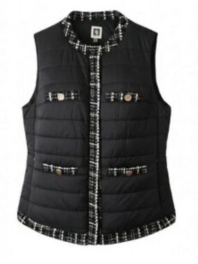 Anne Klein Black Quilted elegant Vest with Tweed Trim